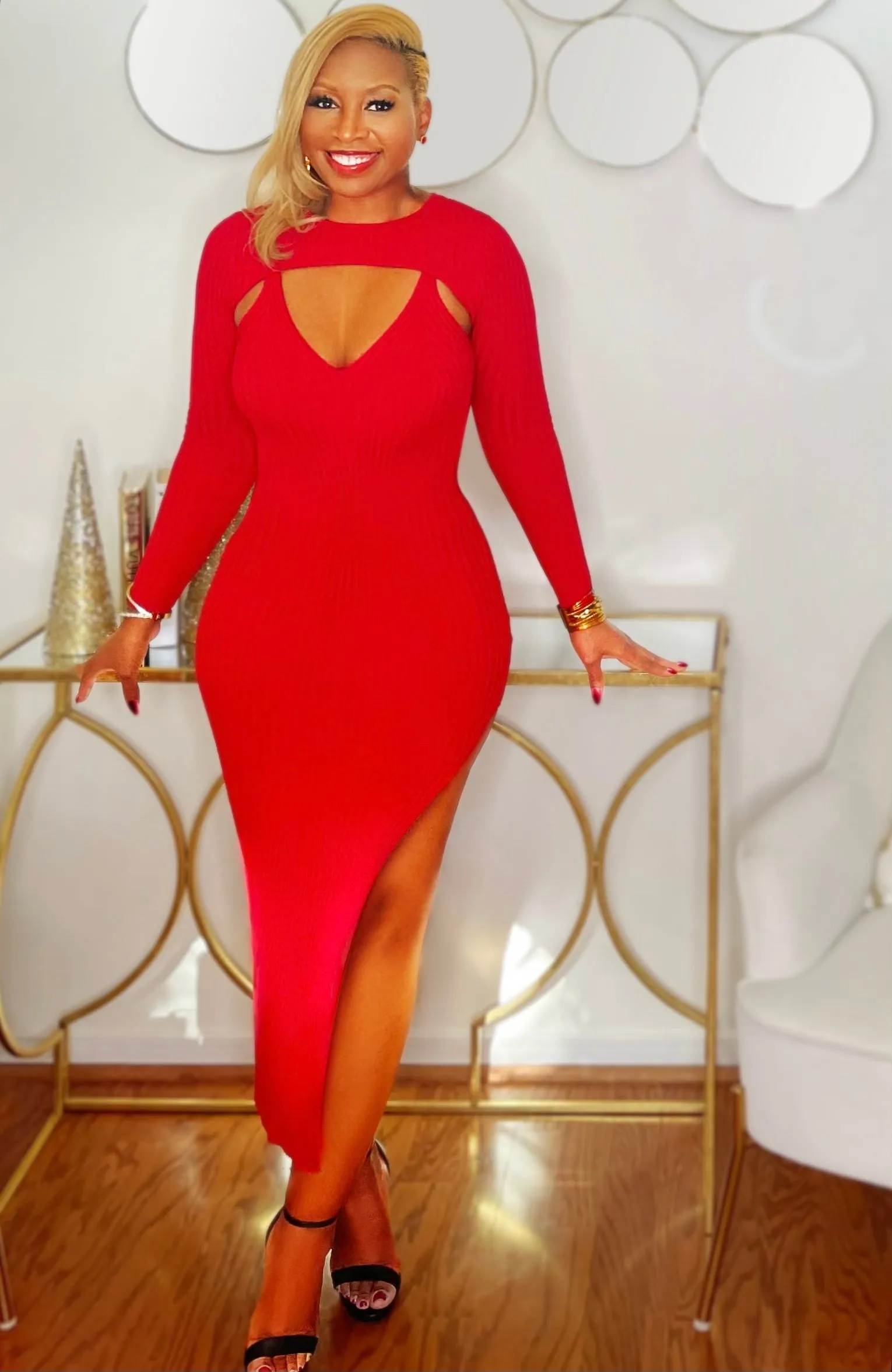 Your Move- Red Sweater Dress with Thigh Split