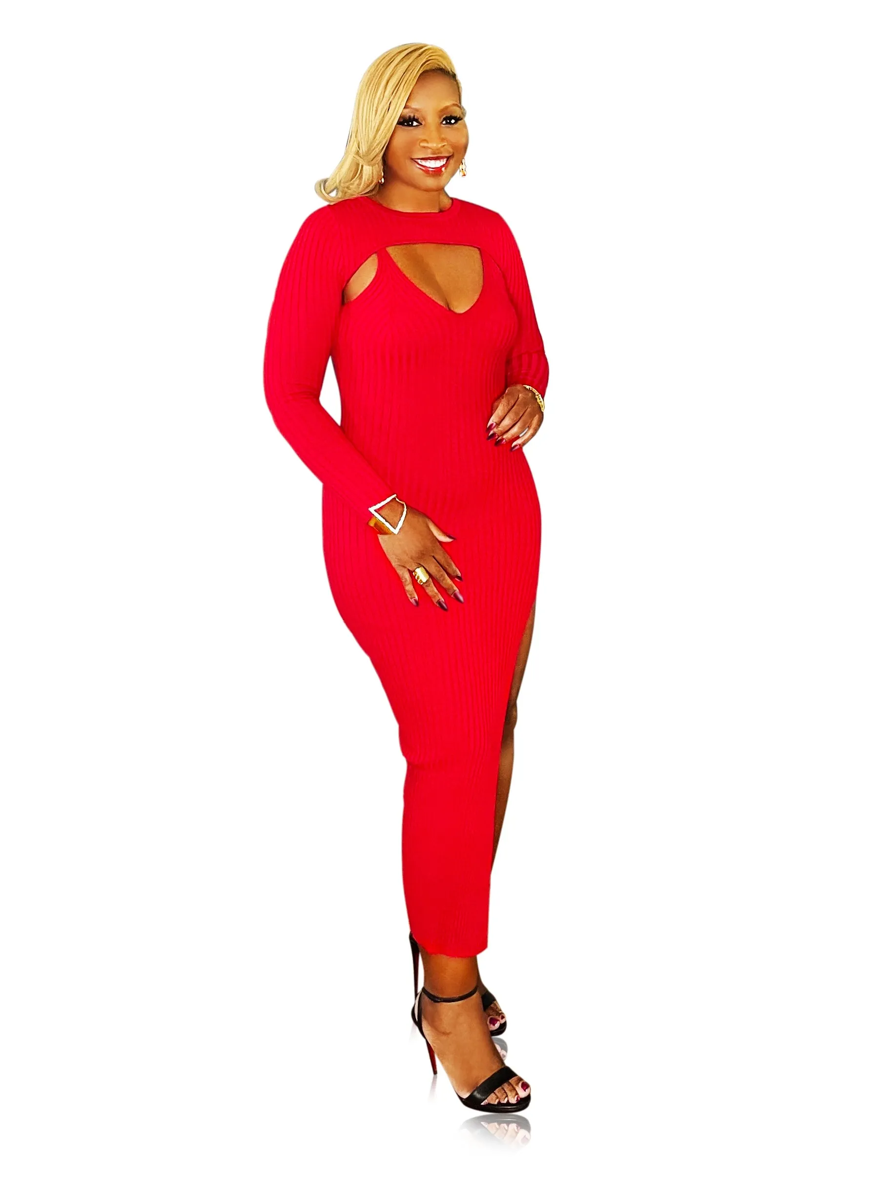 Your Move- Red Sweater Dress with Thigh Split